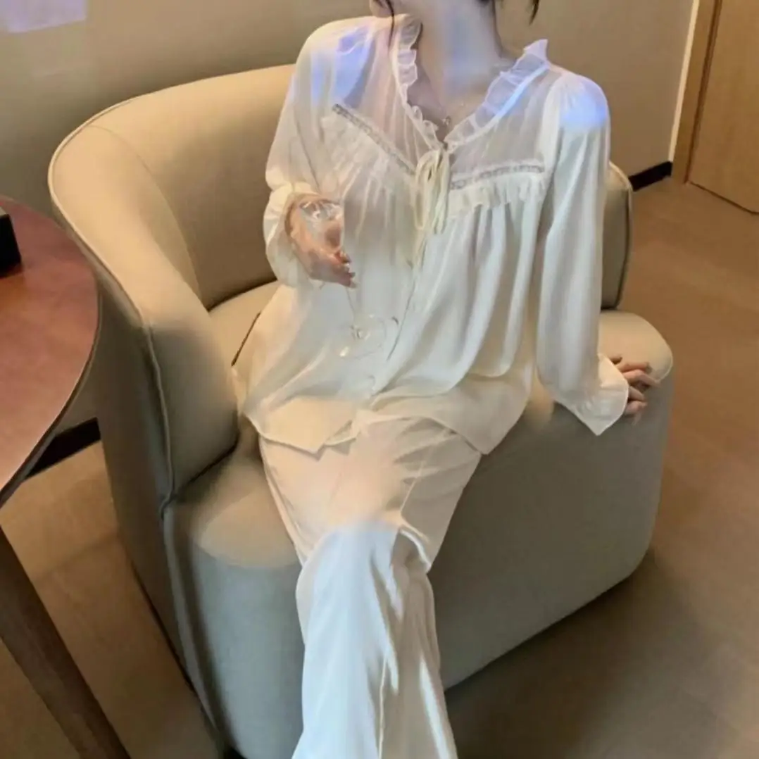 

2Pcs Pajamas Suit Spring Summer Long Sleeve Top&pants Pijamas Set Lingerie Women Satin Sleepwear Nightwear Home Clothes