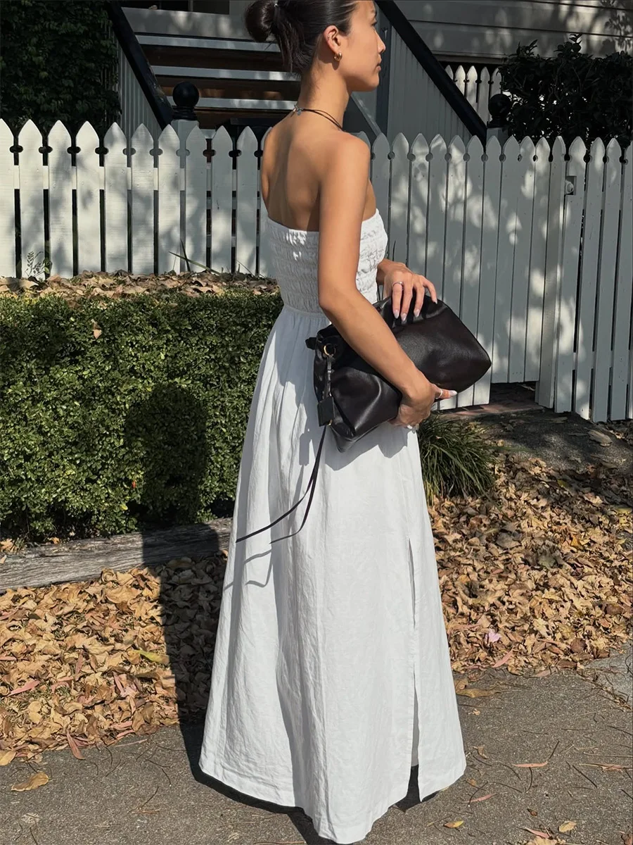 Bornladies Women's 2026 Summer New Strapless Dress Lightweight Vacation Off-Shoulder Ruched High-Waist Loose Maxi Dress