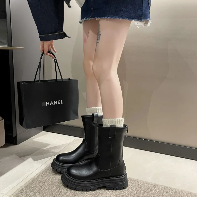 2023 New Ladies Shoes Back Zip Women's Boots Fashion Solid Casual Boots Women High Quality Round Toe Mid-Calf Shoes Female