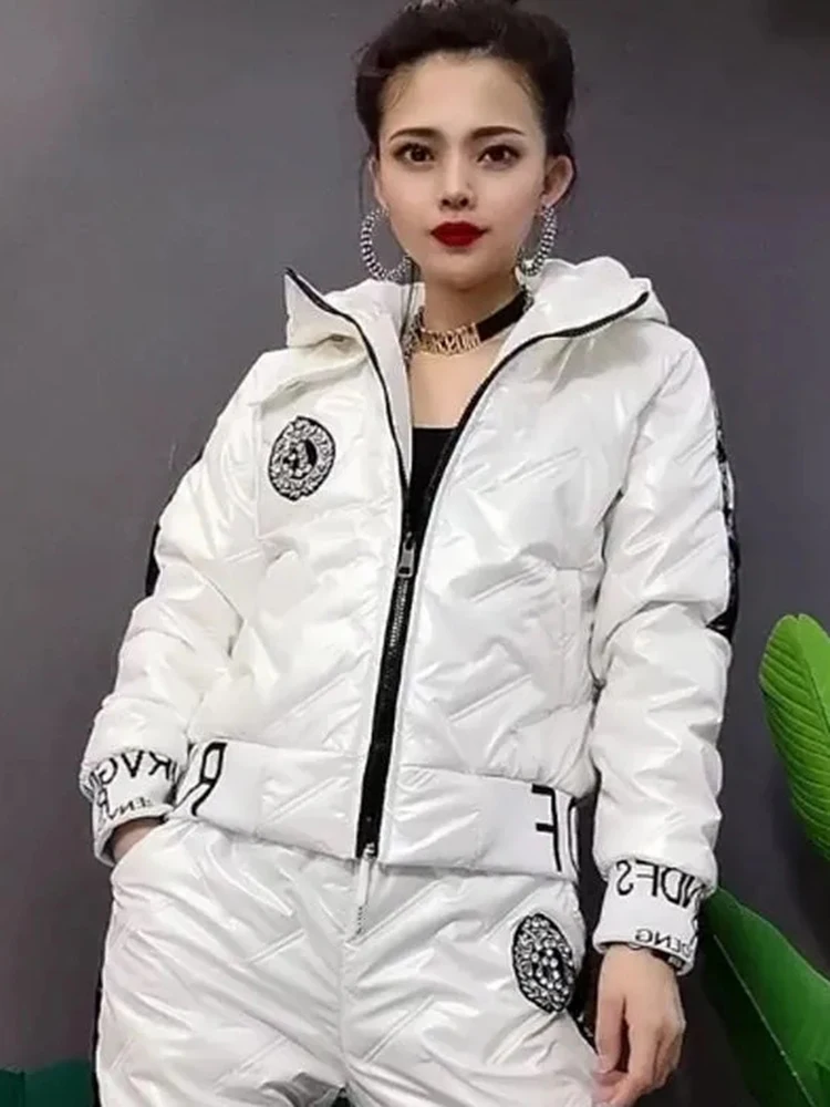 Winter Down Cotton Hooded 2 Piece Sets Korean Warm Short Coats Trajes Women Thicken Windproof Jogger Ankle-length Pants Ensemble