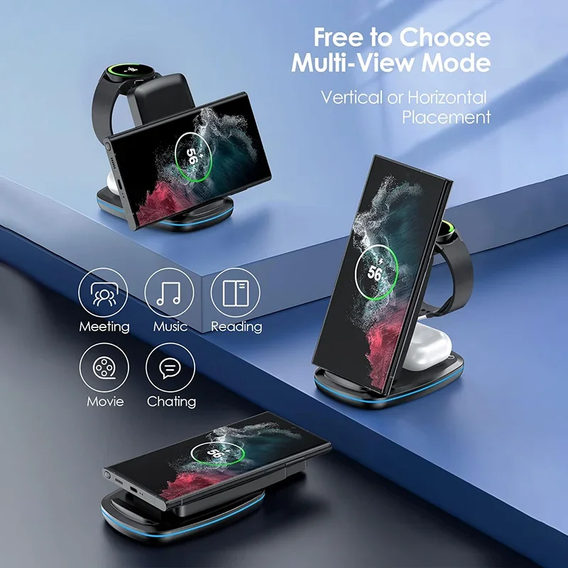 30W 3 in 1 Wireless Charger Stad Pad Fodable RGB Light Fast Charging Station Dock For iPhone 15 14 13 X iWatch 8 7 6 Airpods Pro