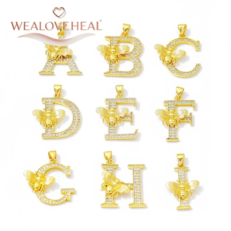 18 Karat vergoldete Bienenbuchstaben-Anhänger-Charms, Messing-Metall eingelegter Zirkon, 26 Initialen-Anhänger für DIY-Halsketten, Schmuckherstellung