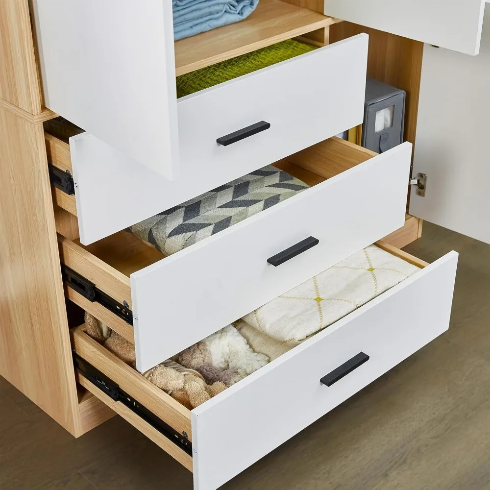 Armoire Wardrobe Closet with Mirror, 3 Door 3 Drawers Wood Closet Wardrobe Cabinet, with Hanging Rod Children's Wardrobes 6