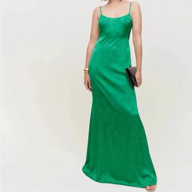 

2023 High Quality Solid Green Sexy Evening Party Backless Square Neck Camisole Women Maxi Dress