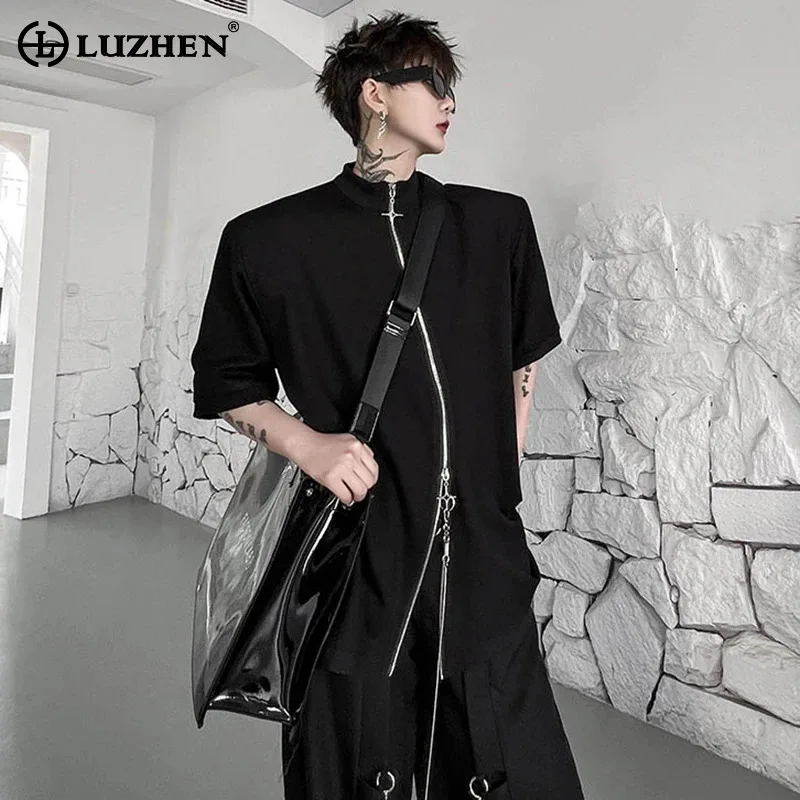 

LUZHEN 2024 Fashion New Double Zipper Design Short Sleeve Tops Men's High Street Trendy Original Solid Color Male T-shirt LZ1502