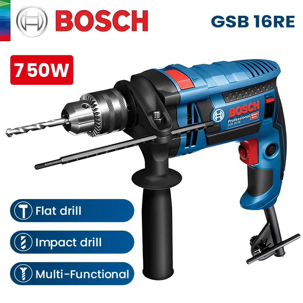 Bosch GSB 16RE Electric Hammer Drill 750W 110-220V High-Power Driller 48500 Bpm Impact Drilling Power Tools for Concrete Steel greenery impact drill bit concrete tungsten steel alloy square handle four pit drill bit electric hammer drill