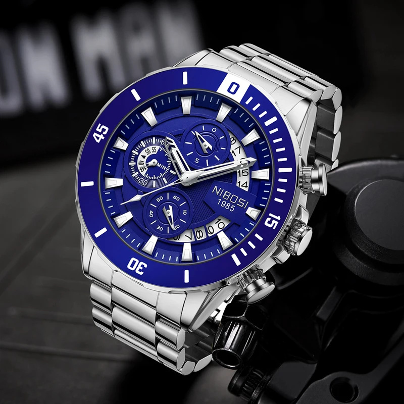 NIBOSI Brand Luxury Chronograph Quartz Watch for Men Stainless Steel Waterproof Luminous Date Sport Big Dial Fashion Men Watches