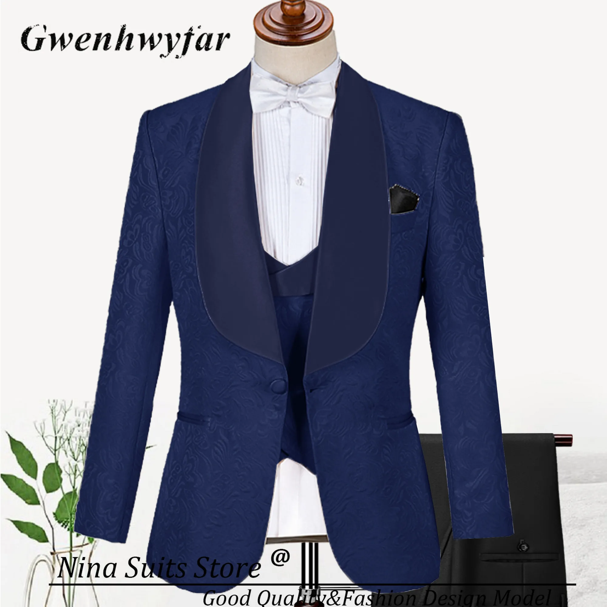 Gwenhwyfar Champagne Paisley Tuxedo Made Men's 3 Pieces Suits Include Jacket Pants Vest Wedding Groom Luxury Costume