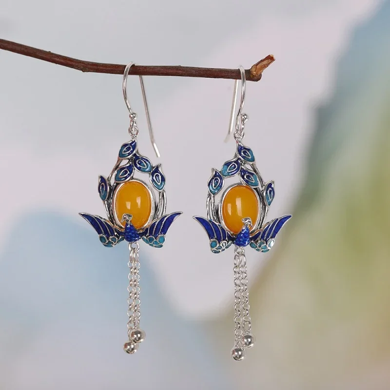 

S925 Sterling Silver Earrings For Women New Fashion Enamel Hollow Peacock Inlaid Mellite Agate Ear-drop Jewelry Free Shipping