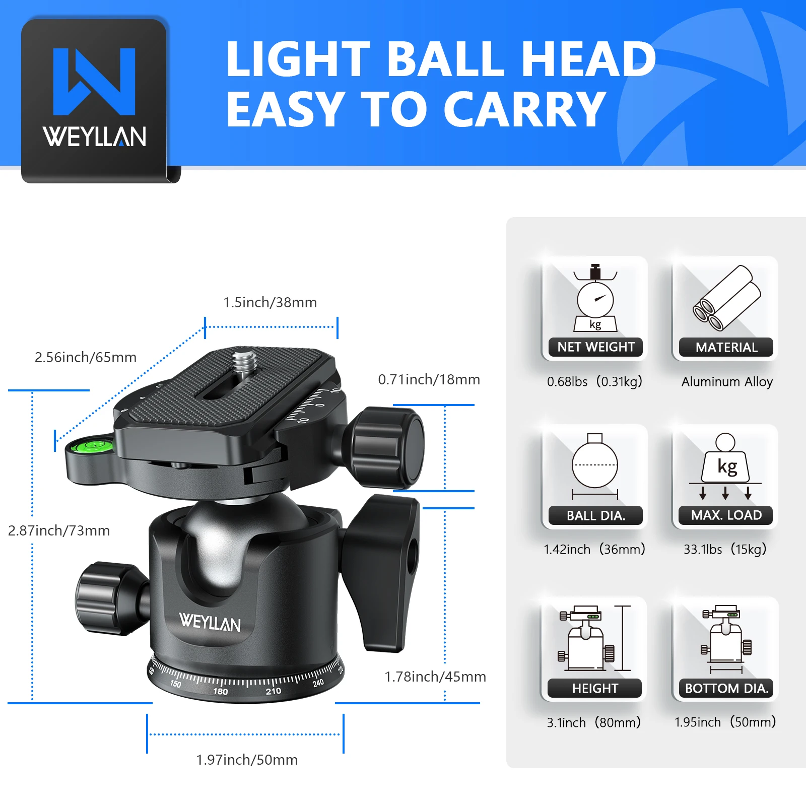 Tripod Ball Head Weyllan CNC Metal 36mm Ballhead Aluminum Alloy Arca Tripod Head Low Profile 1/4" to 3/8" Srew BallHead for Tripod Monopod Camera