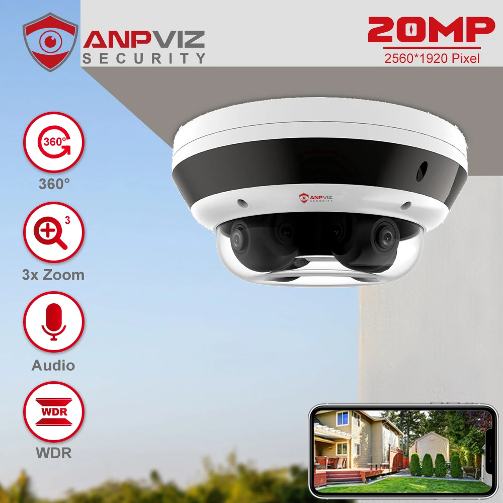 Anpviz 20MP POE IP Fisheye Camera 3X Zoom 360° View Outdoor Night Vision CCTV Video Surveillance With SD Card Slot Audio Alarm