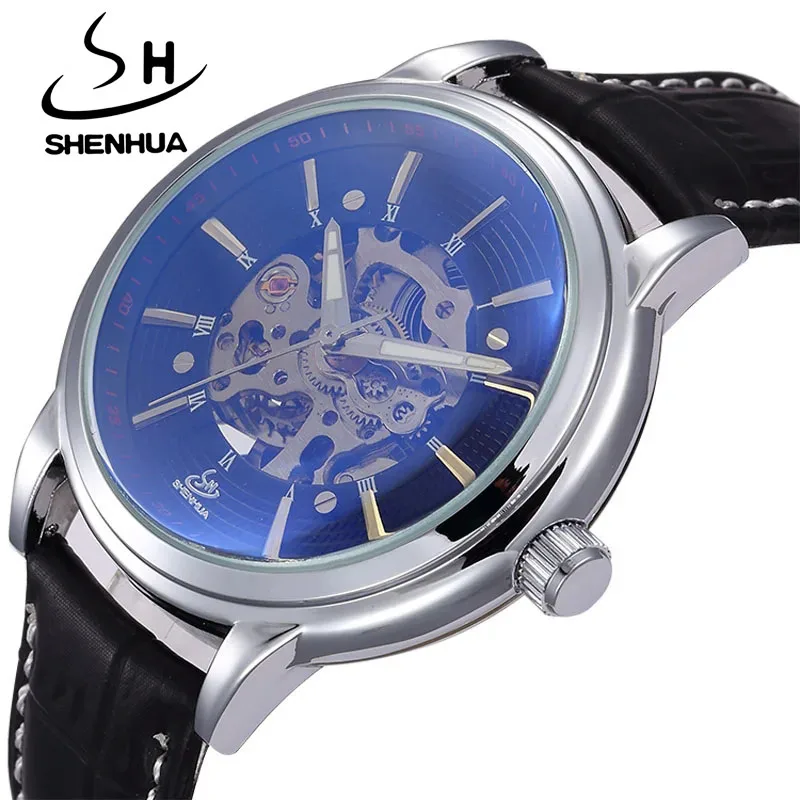 

SHENHUA Brand Men Mechanical Watches Leather Strap Automatic Self Wind Wrist Watches Men Luminous pointer Skeleton Wristwatches