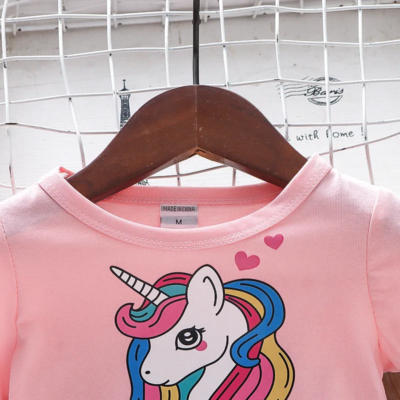 Summer Girls Dress Cotton Cartoon Unicorn Splicing Mesh Party Princess Dresses 2-6 Years Birthday Clothes