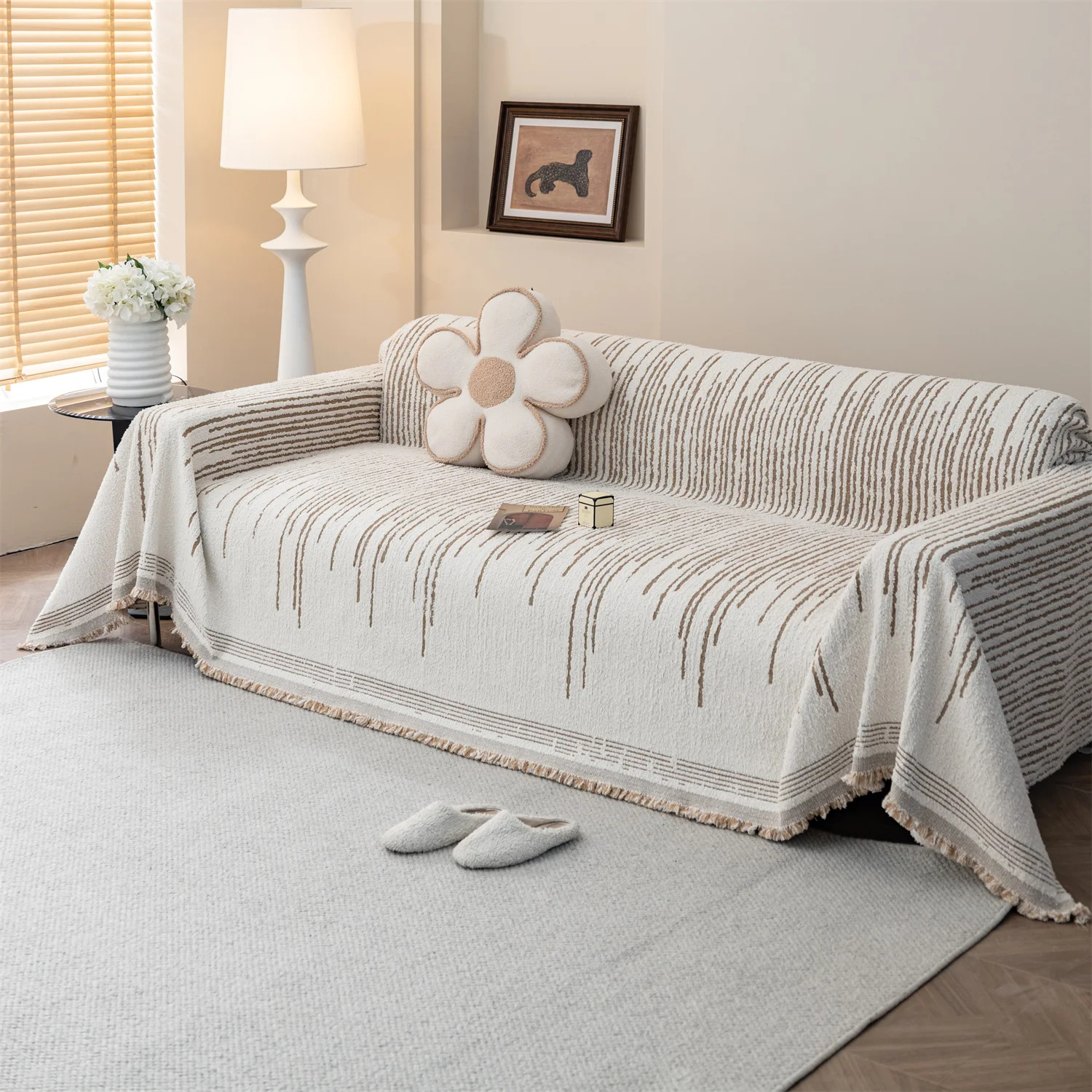 Fluffy Lines Stripes Jacquard Sofa Towel with Tassels, Double-side, for Living Room Camping Picnic Large Blanket Leisure Relax 4