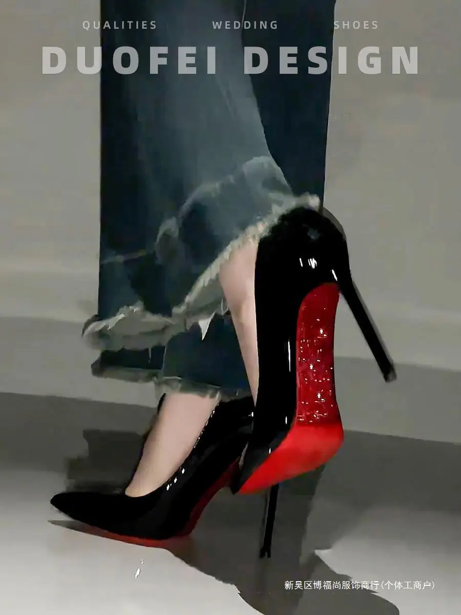 

Rhinestone Red Bottom High Heels Women's Thin Heels Spring Autumn 2024 New Beautiful Sexy Wedding Shoes Black Pointed Shoes