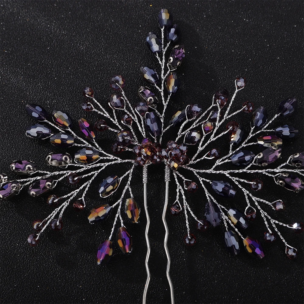 Trendy Rhinestone Crystal Bridal Hair Pins Handmade Purple Women Wedding Hairpins Accessories Silver Brides Jewelry Headpiece