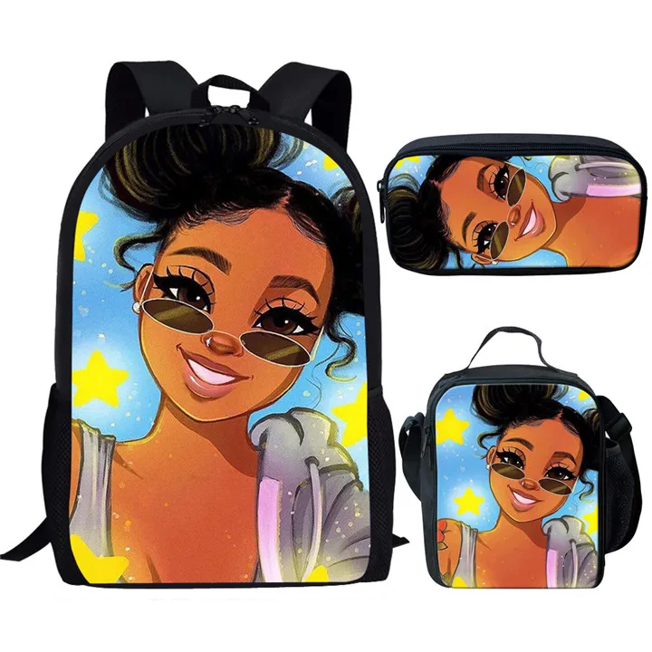 Hip Hop Harajuku Funny African Girls 3pcs/Set Backpack 3D Print Student Bookbag Travel Laptop Daypack Lunch Bags Pencil Case