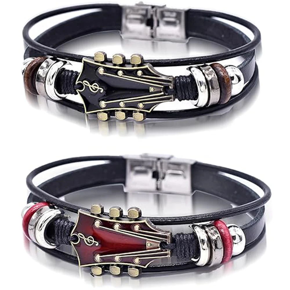레트로 인조 가죽 기타 팔찌, 펑크 록 음악 기타 정품 가죽 팔찌, 수제 땋은 다층 랩 팔찌