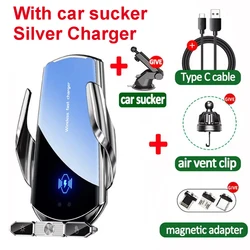 Magnetic Wireless Fast Charging Car Phone Holder and Air Vent Stand (Silver With Sucker)