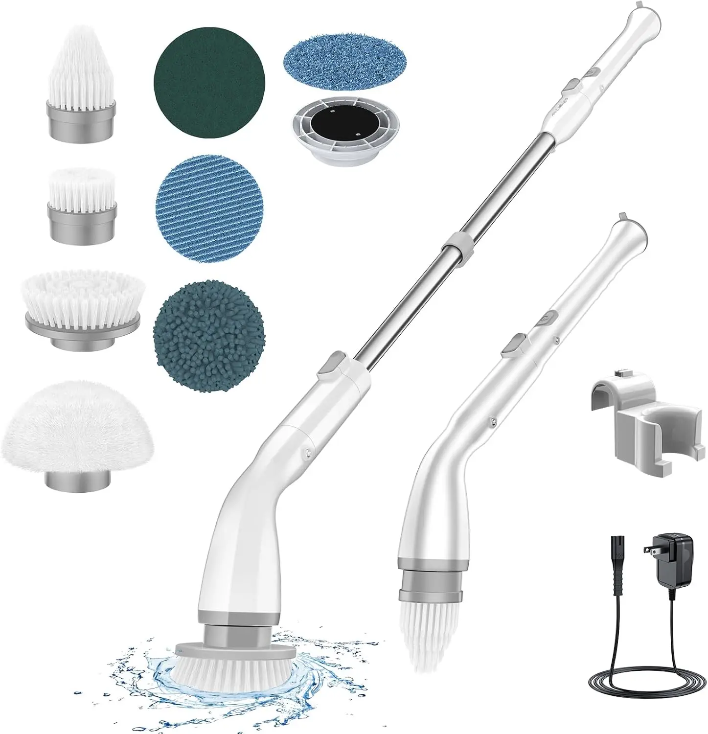 Electric Spin Scrubber LA1 Pro, Cordless Spin Scrubber W/ 7 Replaceable Brush Heads and Adjustable Extension Handle, (White)