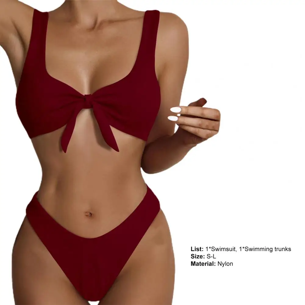 Wide Shoulder Straps Front Knot Solid Color Sexy Bikini Triangle Bra High Waist Briefs Swimsuit for Swimming Pool