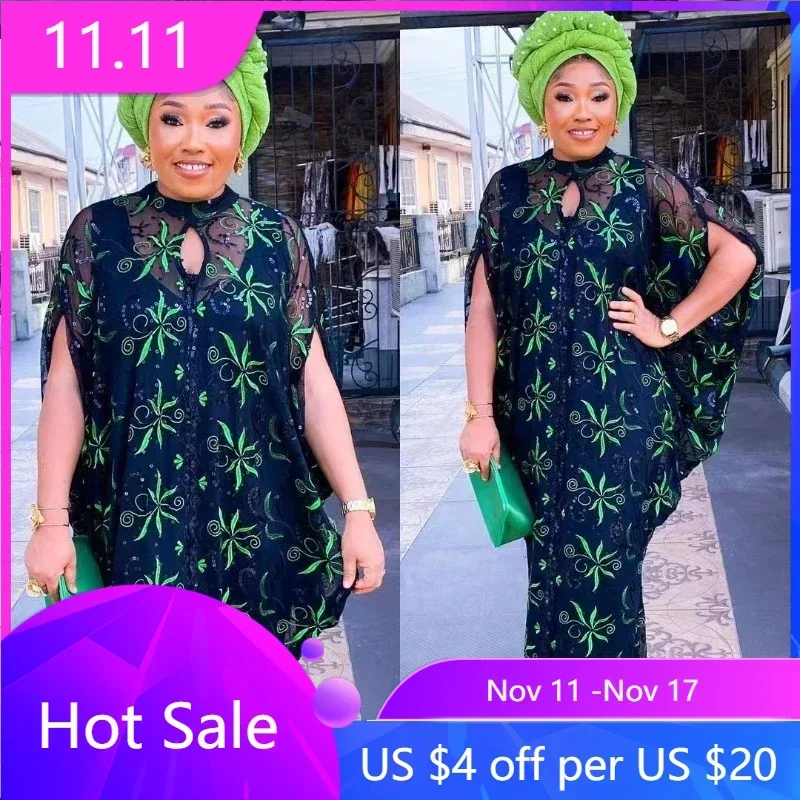 

African Dresses for Women Muslim Fashion Lace Boubou Dashiki Ankara Sequin Outfits Gown Dubai Kaftan Abaya Robe Marocaine