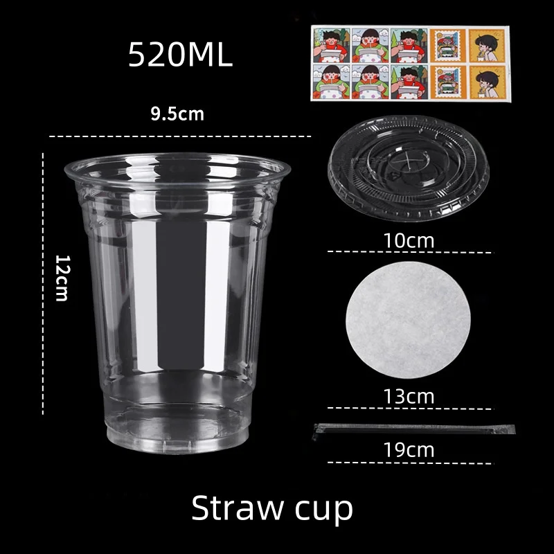 10PCS 520ml Plastic Disposable Cups with Lids Straws Leak Proof Paper Stickers for Cold Drinks Milk Tea Coffee Beer Party Drinkware plastic cups