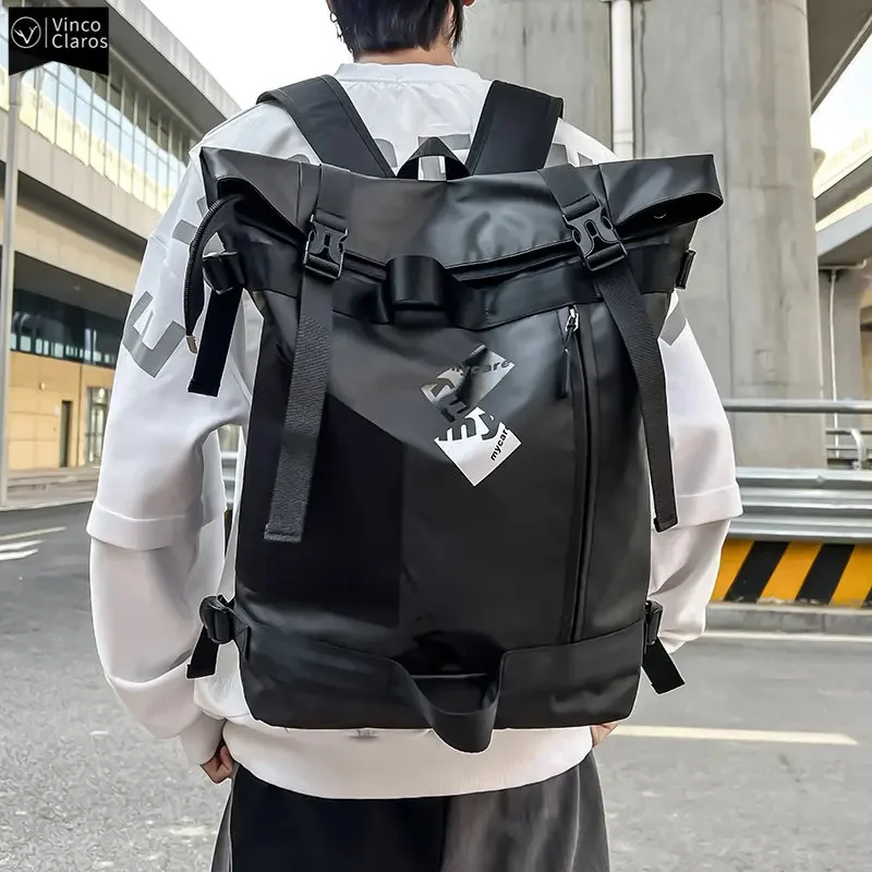 

Men's Functional Black Backpack Trend Canvas Patchwork Design Backpack Large Capacity Travel Backpacks for Men School Bag