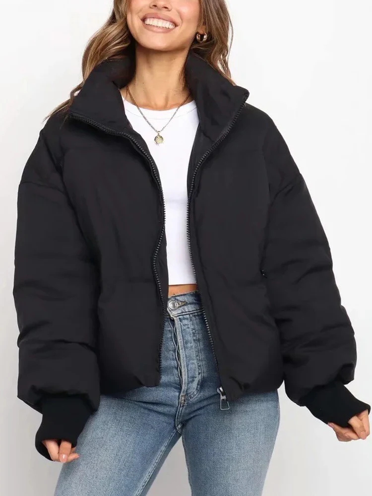 

Black Winter Quilted Cotton Jacket for Women Korean Thicken Warm Women's Padded Coat with Zipper Simple Thermal Shaort Parkas