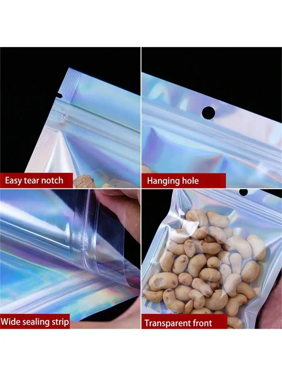 50/100 Stück Laser-holografische Taschen mit Frontfenster, wiederverwendbar, für Schmuck, Süßigkeiten, Reißverschlusstaschen, Weihnachten, Neujahr, Festival, Geschenke – Detail 6