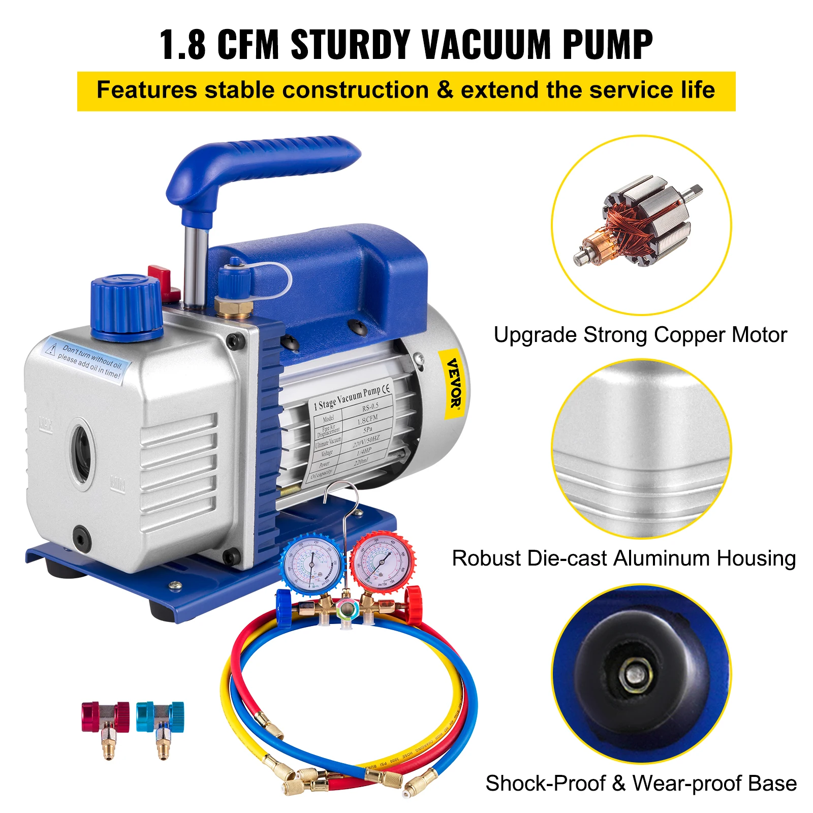 VEVOR 1.8-4.8CFM Refrigerant Vacuum Pump Kits HVAC Refrigeration 1/3 1/4 HP with Manifold Gauge for Household Air Conditioning