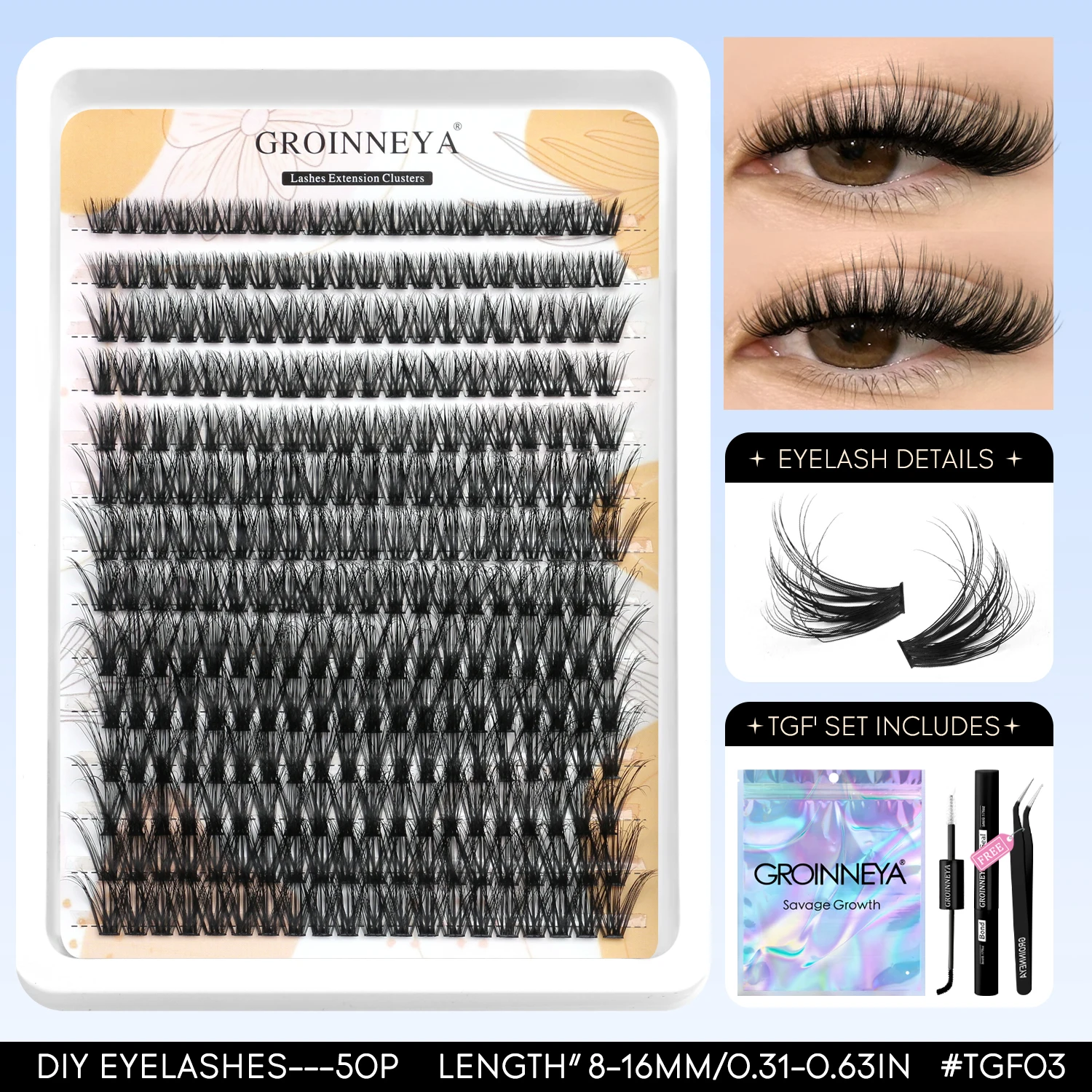GROINNEYA Cluster-Wimpern-Set, flauschige Einzelwimpern, Volumen, gemischtes Tablett, künstliche Nerzwimpern, Wimpernverlängerung, Make-up – Detail 9