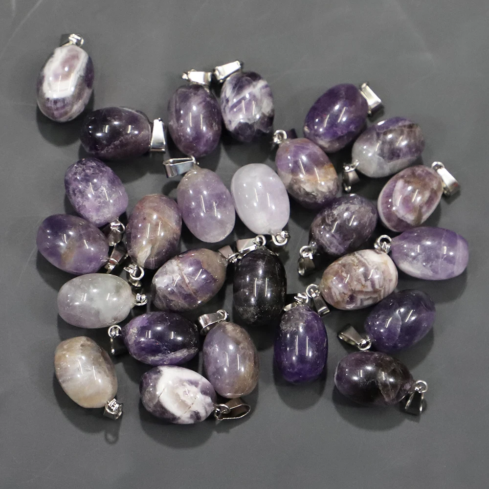 Natural Stone Amethysts Oval Ball Pendants Necklace Egg Crystal Charms Handmade DIY Jewelry Making Accessories Wholesale 24Pcs