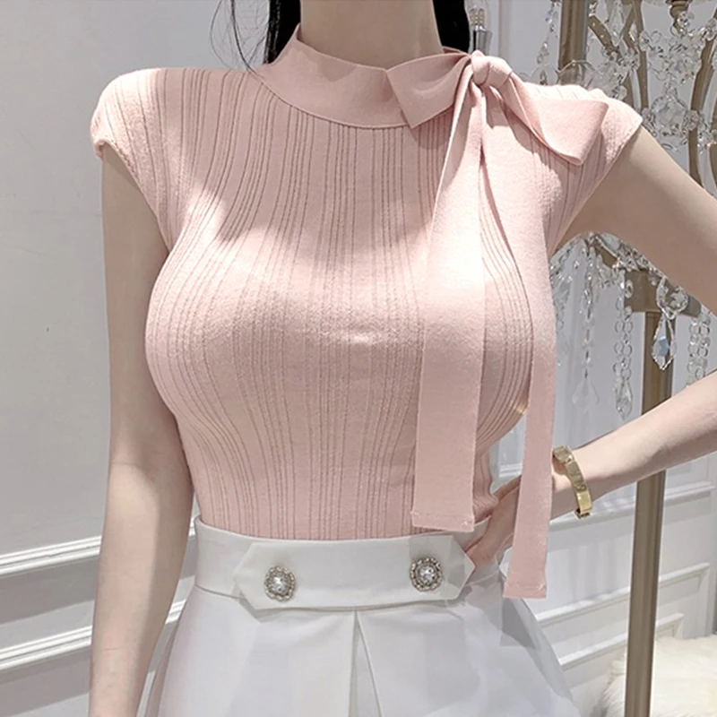 2026 frühling Sommer Slim Fit Sexy Gestrickte T-shirt frauen Tie-Band Mode Kurzarm Tops Elegante Temperament Vielseitig hemd