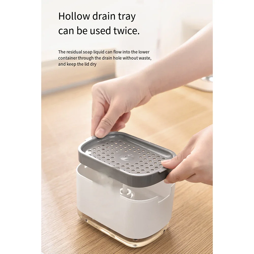 Soap Dispenser Soap Liquid Box Pressing Soap Liquid Box Soap Dispenser Tray Container with Sponge Stand Push Pump Kitchen Dishwashing Hand Sanitizer Dispenser White