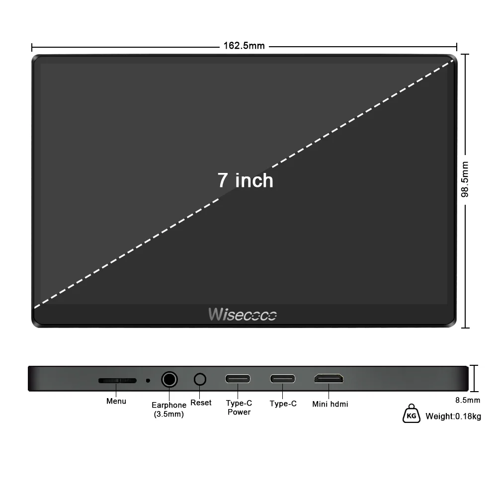 와이즈코코 7인치 휴대용 모니터 120Hz 터치스크린 1920x1080 IPS LCD FHD 디스플레이 게임용 노트북 PC 라즈베리 파이 엑스박스 스위치용