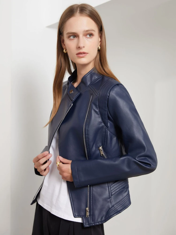 2023 New Spring and Autumn Thin PU Lapel Women Coats Slim Fit Zipper Faux Leather Long Sleeve Polyester Short Jackets for Women