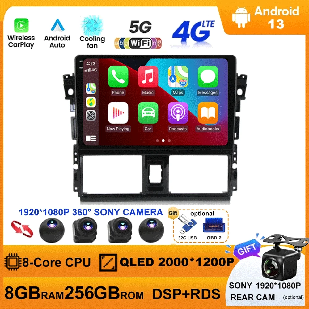 

Автомагнитола на Android 13 для Toyota Vios Yaris 2014-2016 мультимедийный видеоплеер 2Din Carplay DSP навигация GPS 4G DSP WIFI стерео