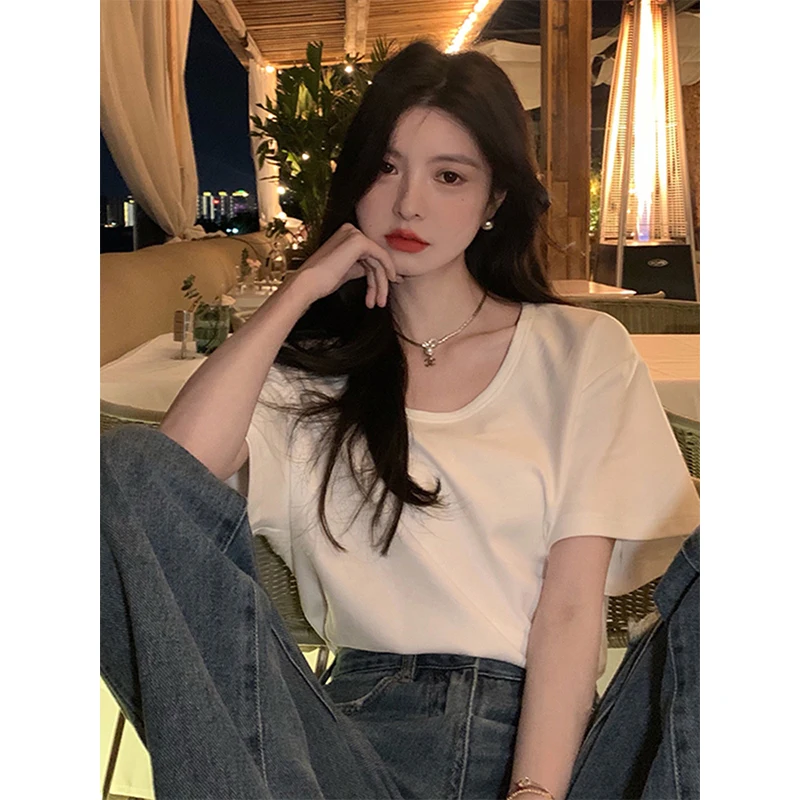 흰색 어깨 반팔 티셔츠 여성 여름 여름 최고 짧은 티셔츠 디자인 감각 틈새 독특..