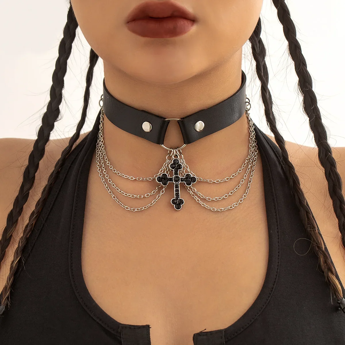 

Fashion Lolita Necklace Women PU Leather Metal Chocker Chains Sexy Cross Clavicle Chain Collar Party Jewelry Gift