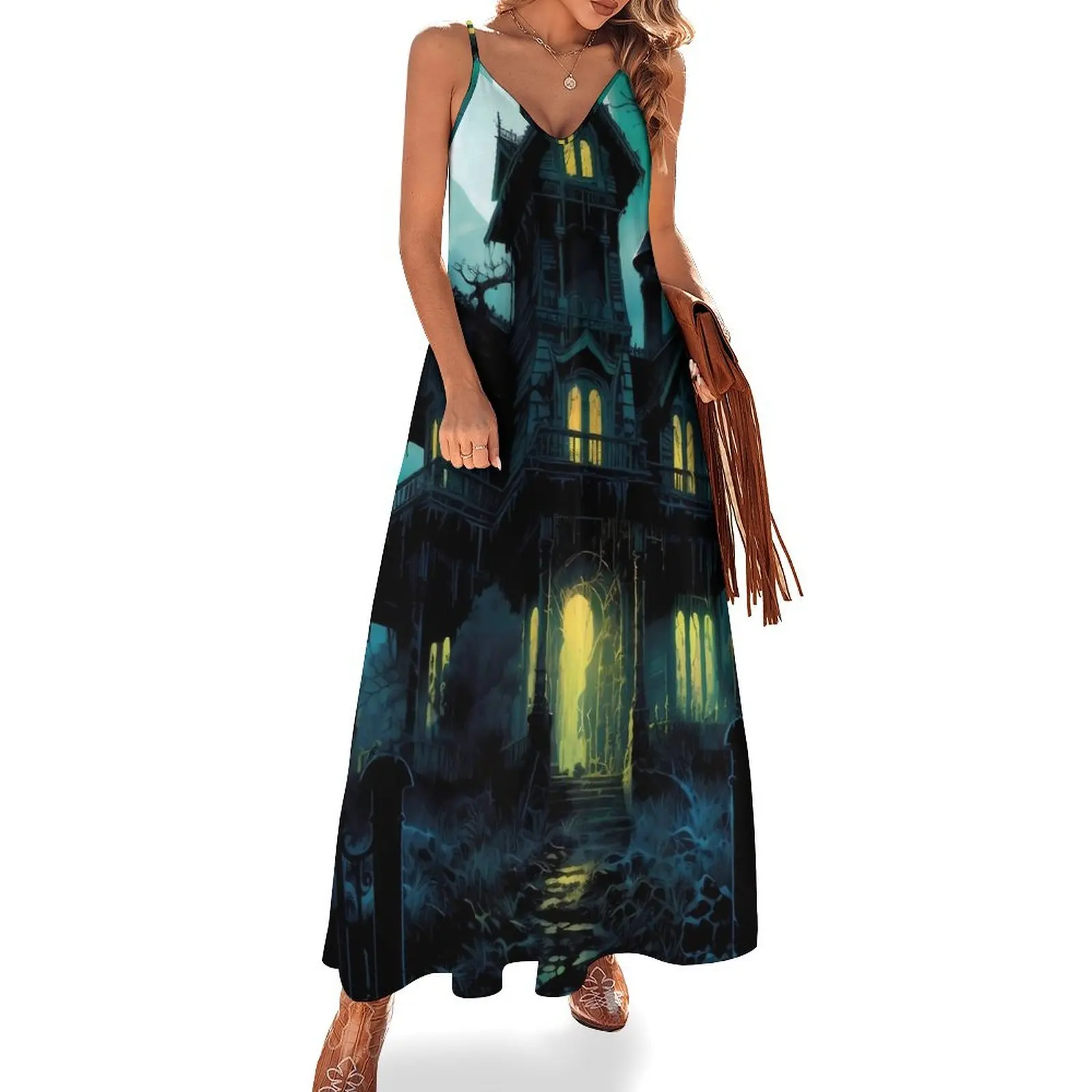 

Haunted Mansion Dress Halloween Print Sexy Maxi Dress Strap Aesthetic Casual Long Dresses Summer V Neck Large Size Vestido