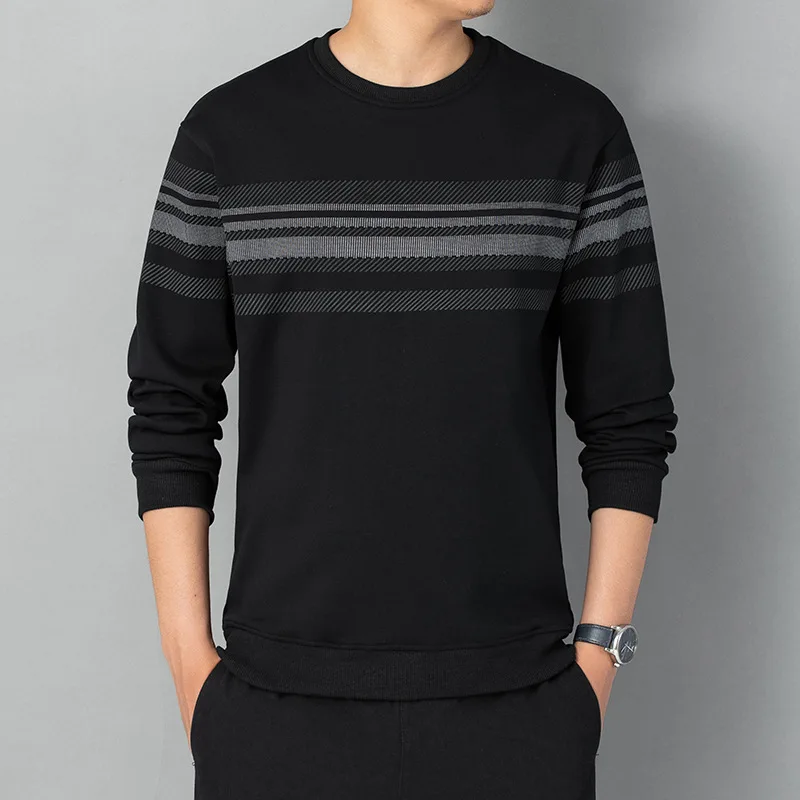 2023 Men's Casual Hoodie Long Sleeved T-Shirt Round Neck Oversized Business Winter Bottom Striped Fashion Solid Color Pullover
