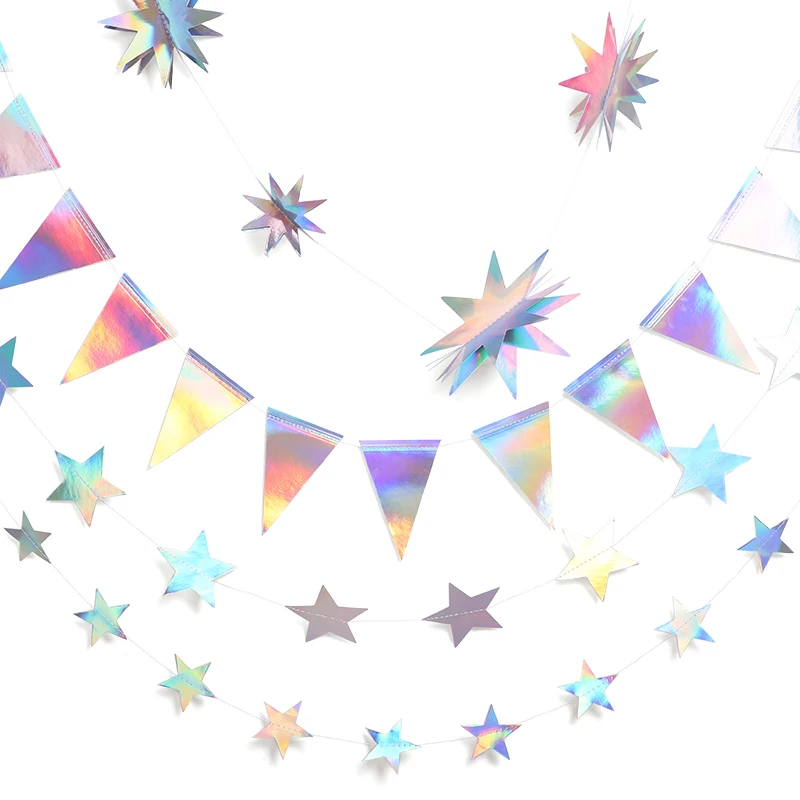 Iridescent Paper Star Garland Banner Laser Silver Flag Hanging Decor Birthday Party Pendant Baby Shower Wedding Streamer Decor