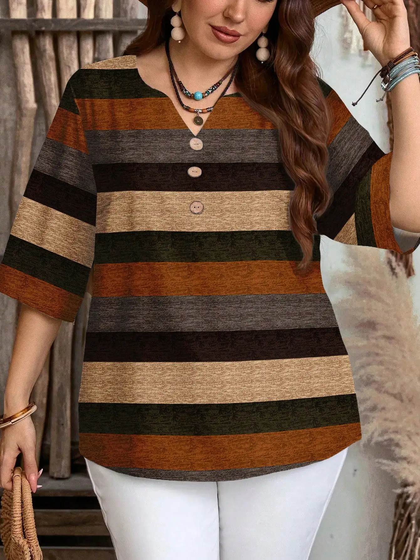 Plus Size Women Striped Print Blouse 3/4 Sleeve V‑Neck Button Decor Elastic Fabric Casual Ladies Tops