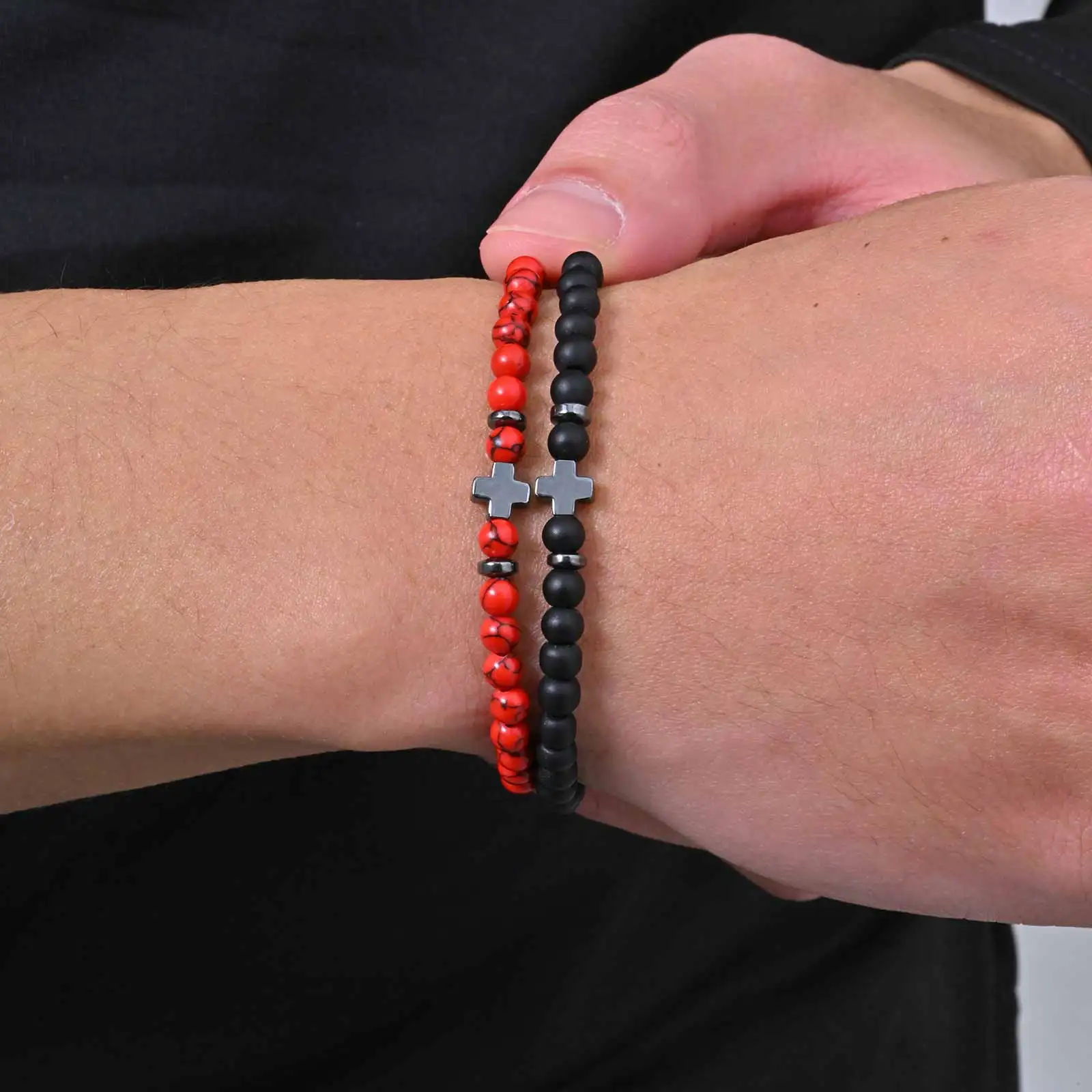 Modische Naturstein Hämatit Kreuz-Armbänder für Männer, Natürliche Achat Rote Türkis Perlen Armband, Christlicher Religiöser Schmuck – Detail 3