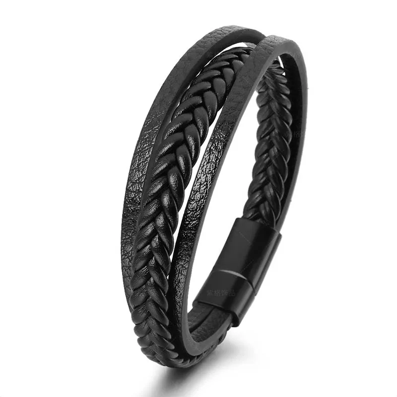 Bracciale Uomo In Vera Pelle Intrecciata | Multistrato Con Chiusura Magnetica In Acciaio Inox 316L | Regalo Compleanno O San Valentino