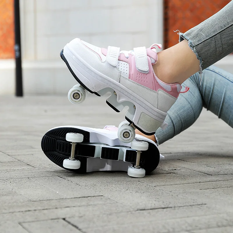 Kid Deform Roller Skate Shoes With 2/4 Wheels Runaway Parkour Deformation 4-Wheel Skates Sneakers For Women Men Youth Adult Gift