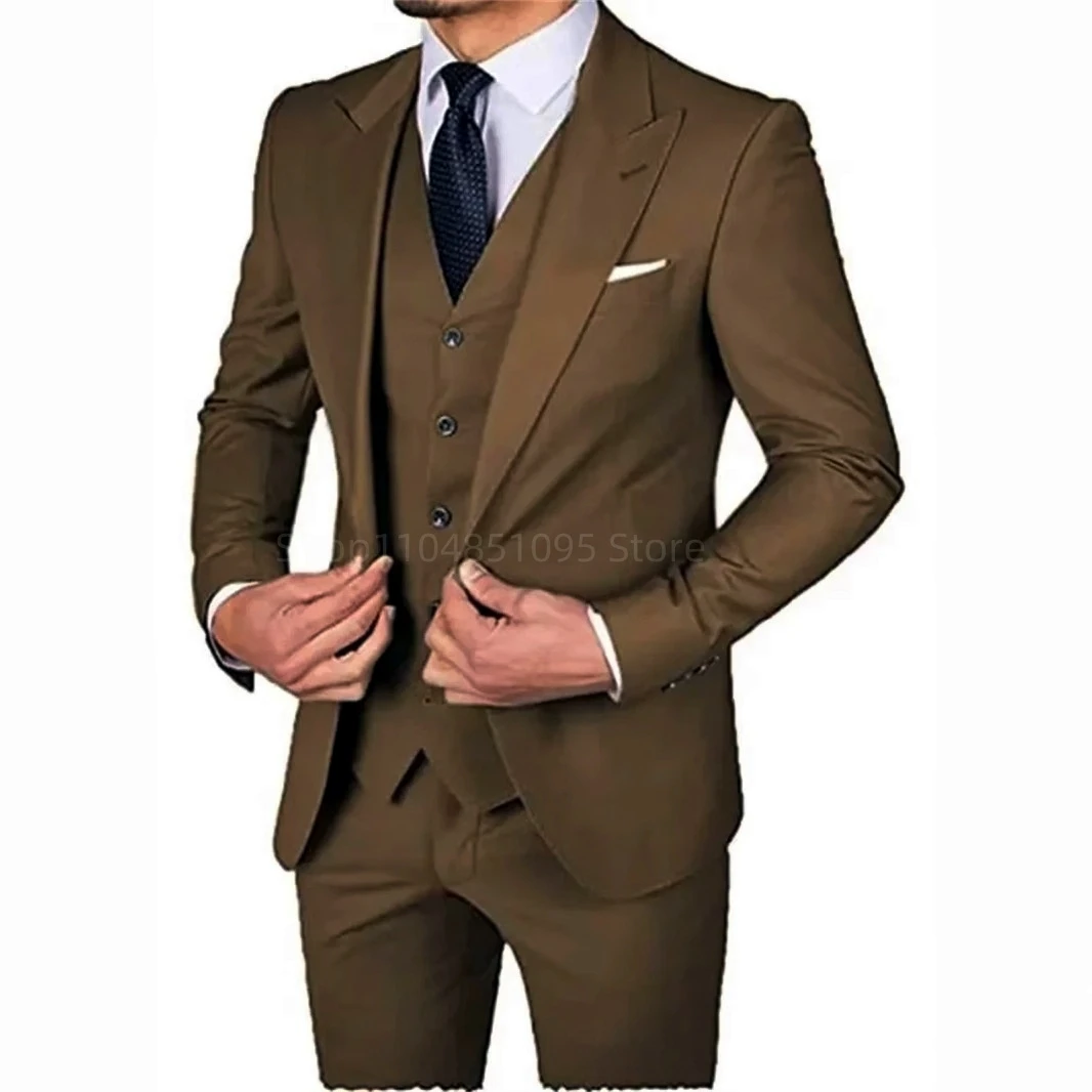 Elegant Men's Suits Gentleman Business British Style Solid-color Banquet Host Casual Wedding Business Suits (Blazer+Vest+Pants)