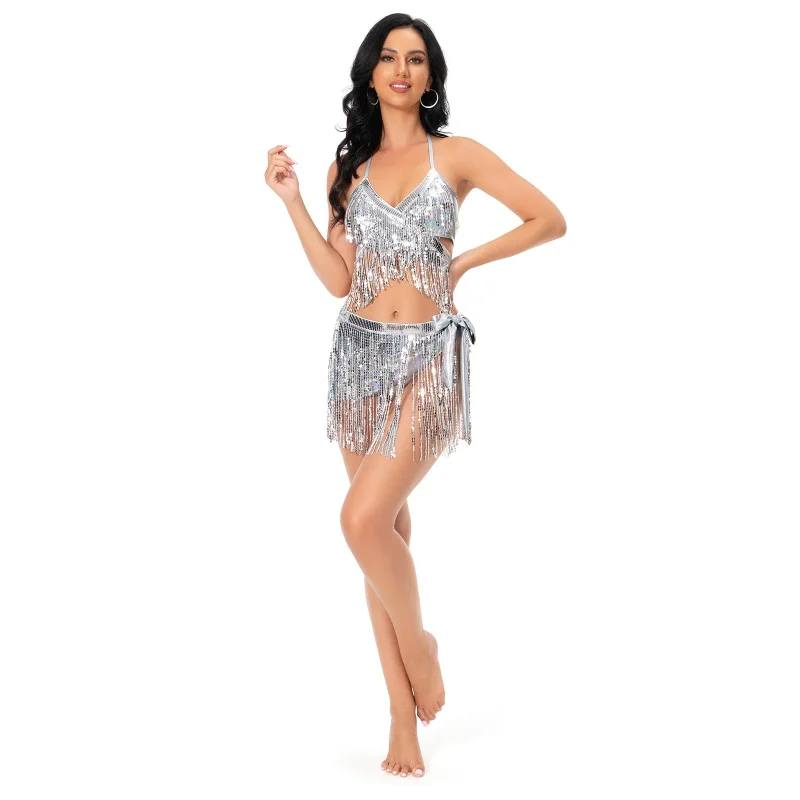 

1 Set Fashion Unique Sequins Women's Dance Dress Female Ballroom Sexy Performance Clothing Backless Sexy Skirt