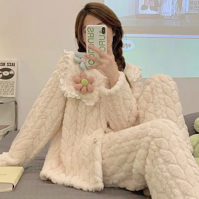 2024 New Pajama Female Coral Velvet Loungewear Thickened Sweet Lovely Sleepwear Flannel Autumn Winter Students Homewear Suit